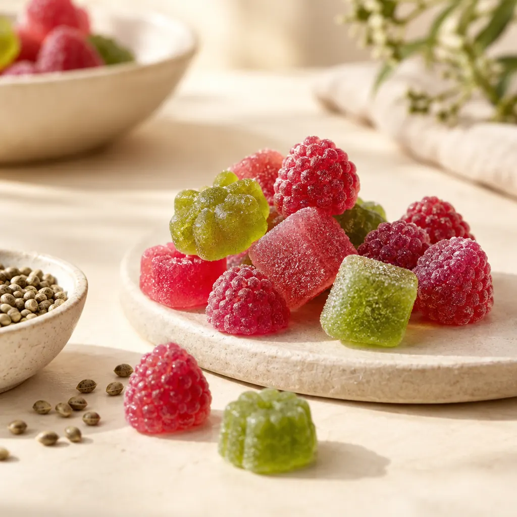 Des bonbons gélifiés rouges et verts, couverts de sucre, sont disposés sur une assiette près de graines et de framboises.