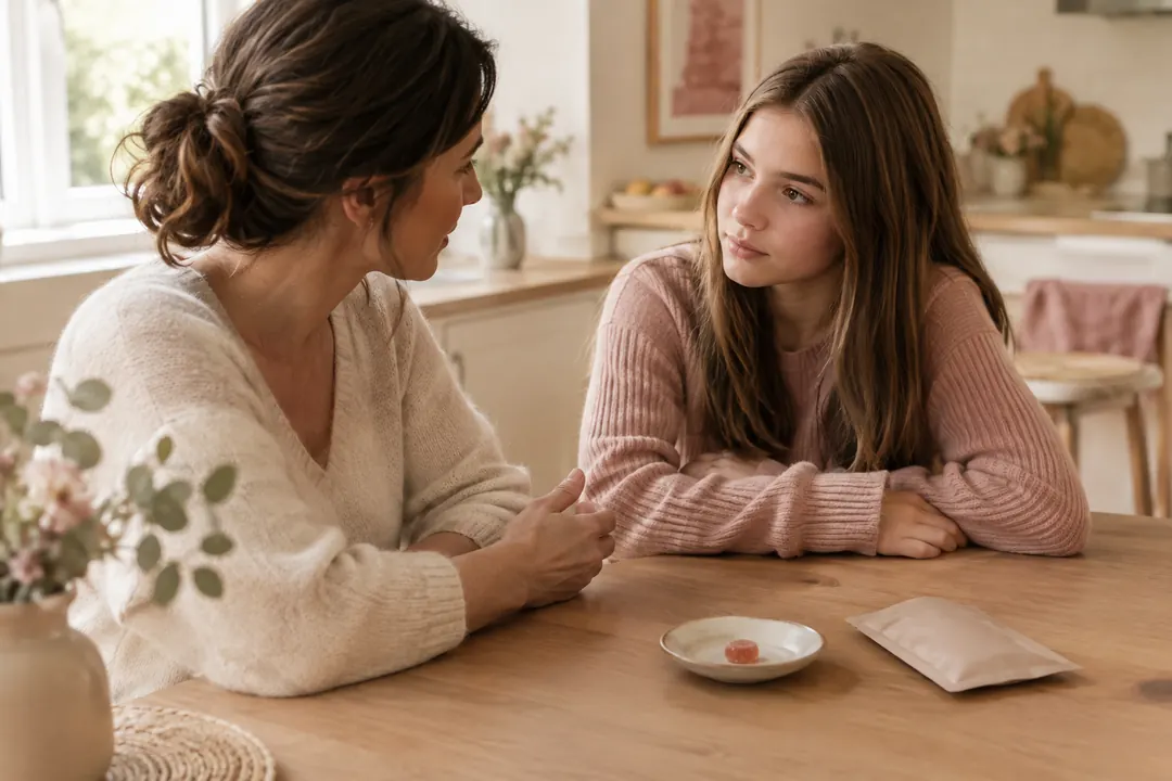 Une femme échange avec une adolescente à table, près d’une assiette contenant un petit bonbon rose et d’un sachet.