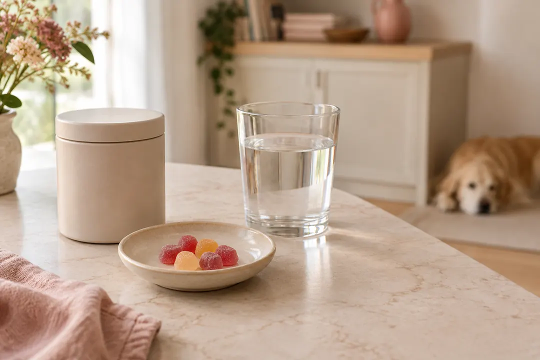 Quelques bonbons gélifiés colorés sur une soucoupe, près d’un verre d’eau et d’un pot blanc, avec un chien couché en arrière-plan.