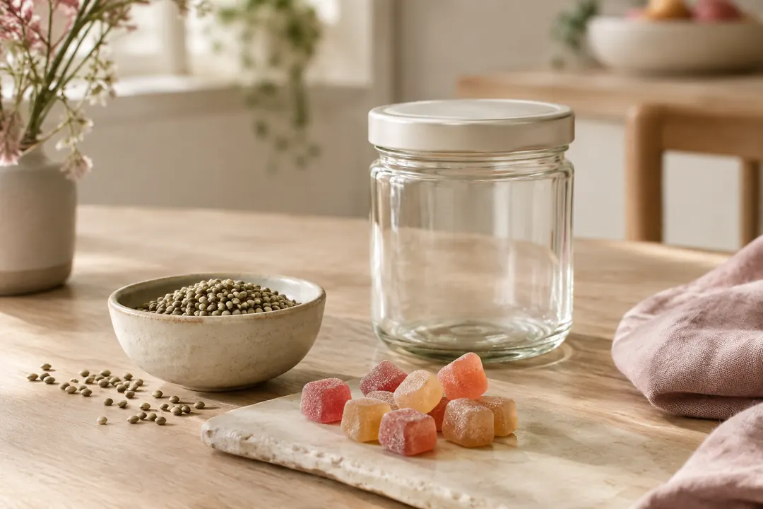 Bonbons gélifiés colorés près d’un bocal vide et d’un bol de graines, sur une table claire, pour un sujet sur le CBD.