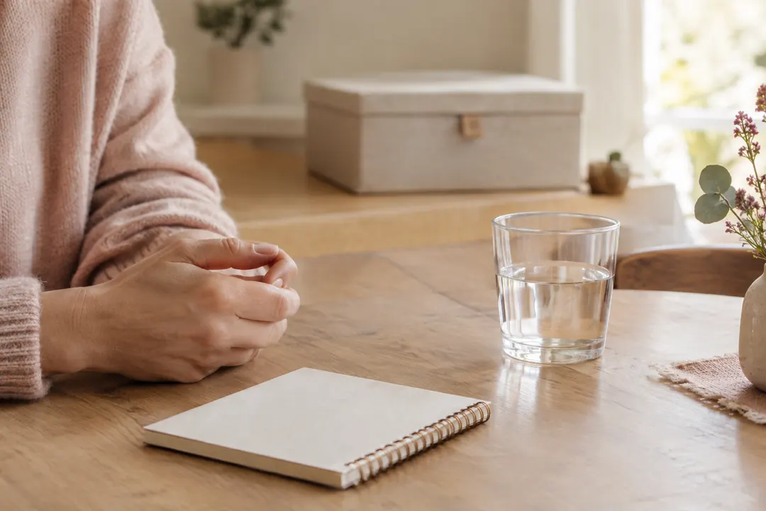 Une personne en pull rose garde les mains jointes près d’un carnet vierge et d’un verre d’eau, sur une table en bois.