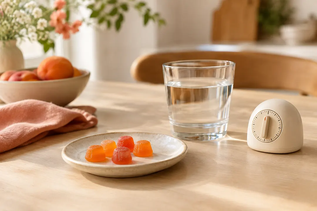 Quatre bonbons gélifiés orange et rouges sur une assiette, près d’un verre d’eau et d’un minuteur posé sur la table.