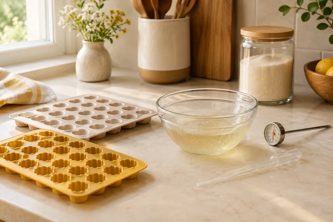 Sur un plan de travail éclairé par une fenêtre, des moules à bonbons entourent un bol de liquide, un thermomètre et un bocal de sucre.