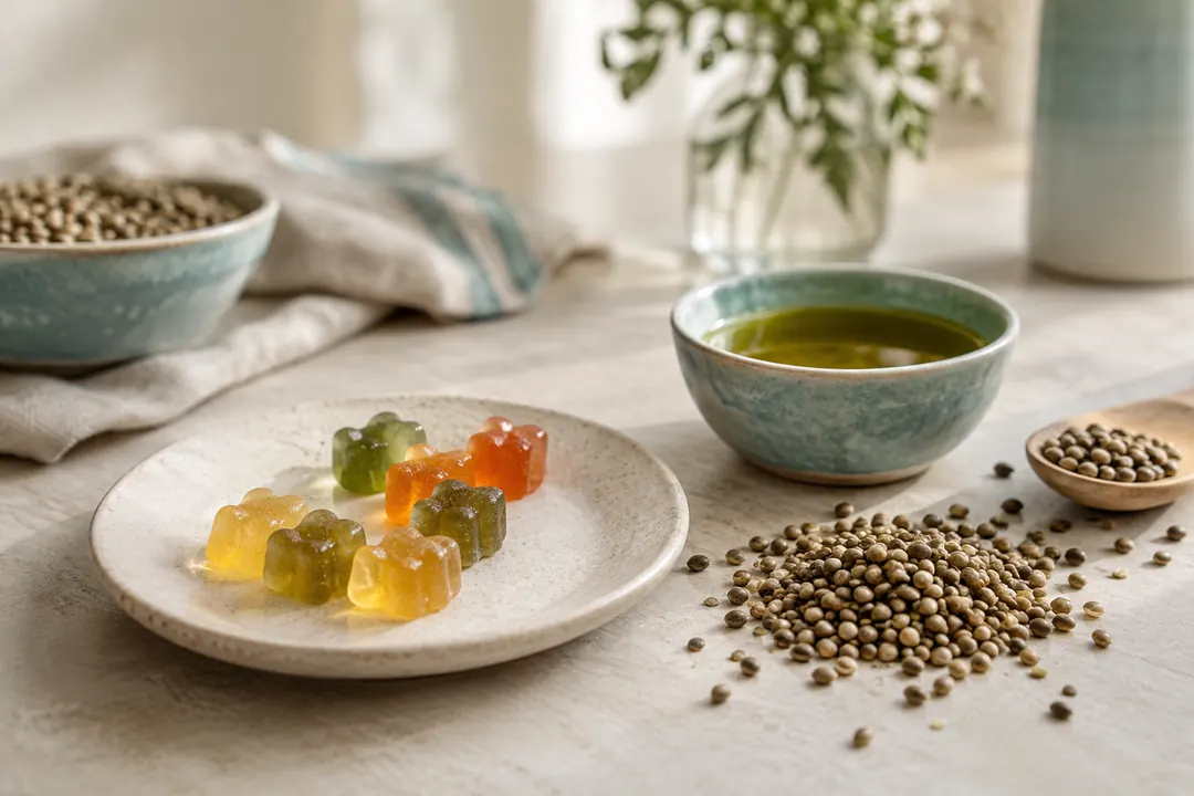 Des bonbons gélifiés colorés sur une assiette, près de bols, d'une infusion verte et de graines éparpillées.