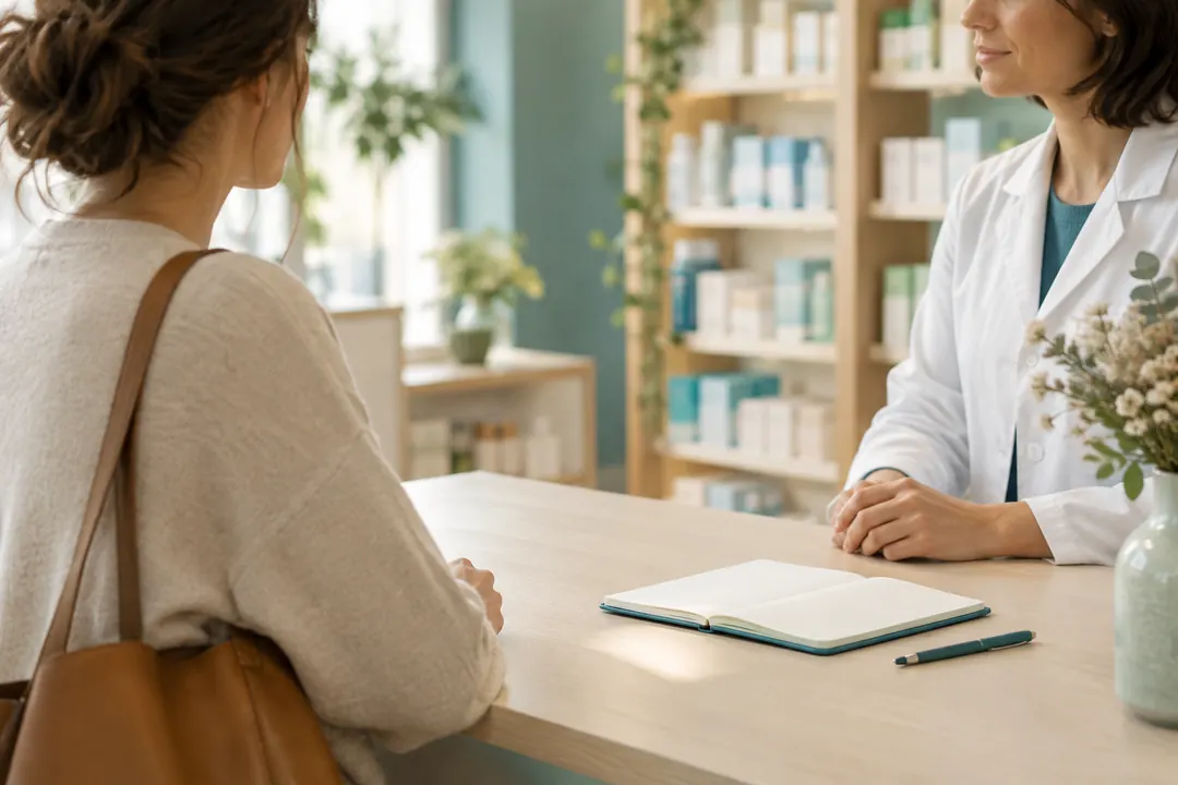 Dans une pharmacie lumineuse, une cliente échange avec une pharmacienne au comptoir, près d’un carnet ouvert et de rayons de produits.