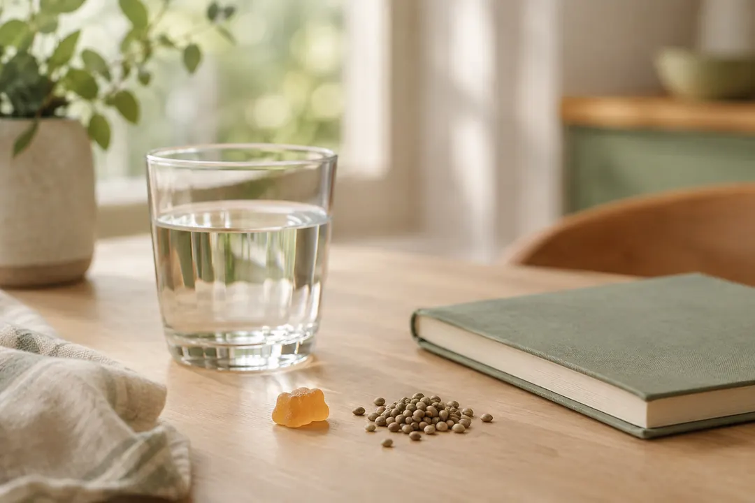 Sur une table en bois, un verre d’eau, une friandise orange et de petites graines côtoient un livre fermé, près d’une plante.